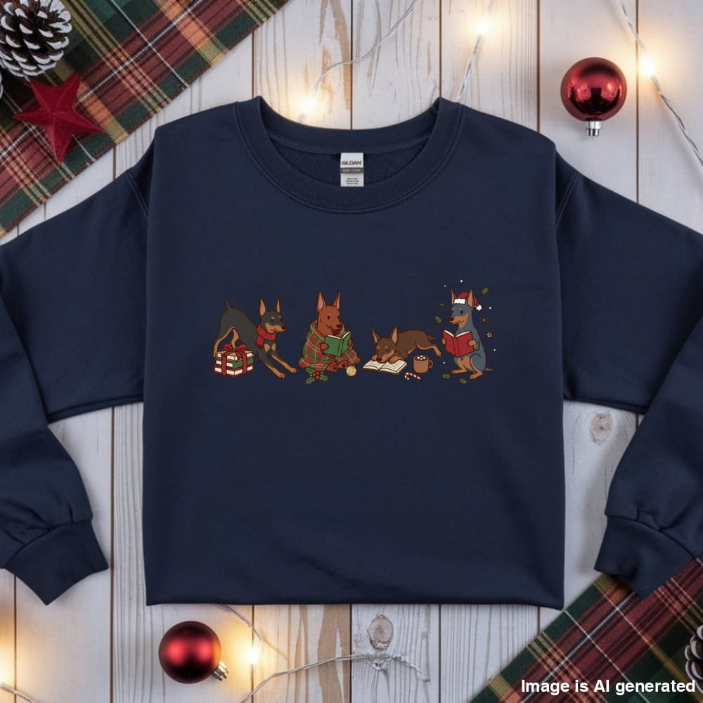 Navy Mini Pinscher Christmas Reading Sweatshirt, flat lay with holiday ornaments, string lights and plaid fabric