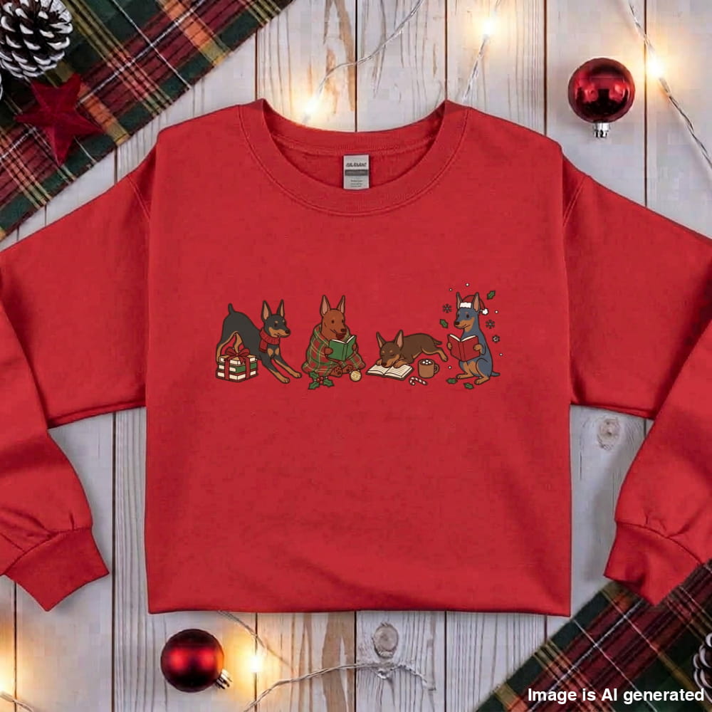 Red Mini Pinscher Christmas Reading Sweatshirt, flat lay with holiday ornaments, string lights and plaid fabric