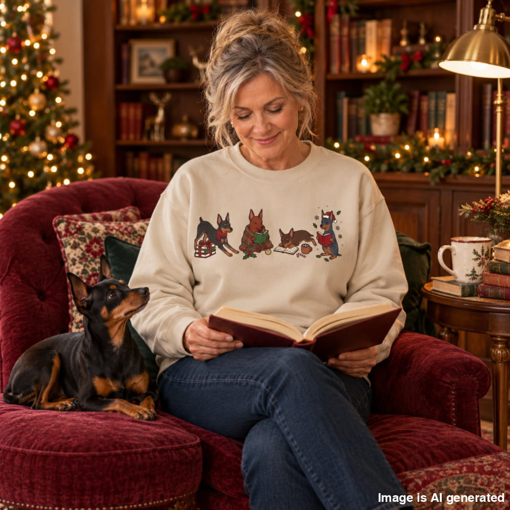 Woman in a sand Mini Pinscher Christmas Reading Sweatshirt reading a book in a cozy, Christmas-decorated room with her small dog beside her