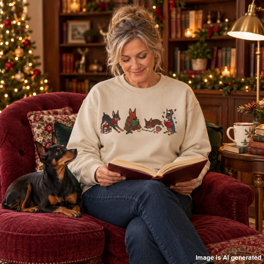 Woman in a sand Mini Pinscher Christmas Reading Sweatshirt reading a book in a cozy, Christmas-decorated room with her small dog beside her