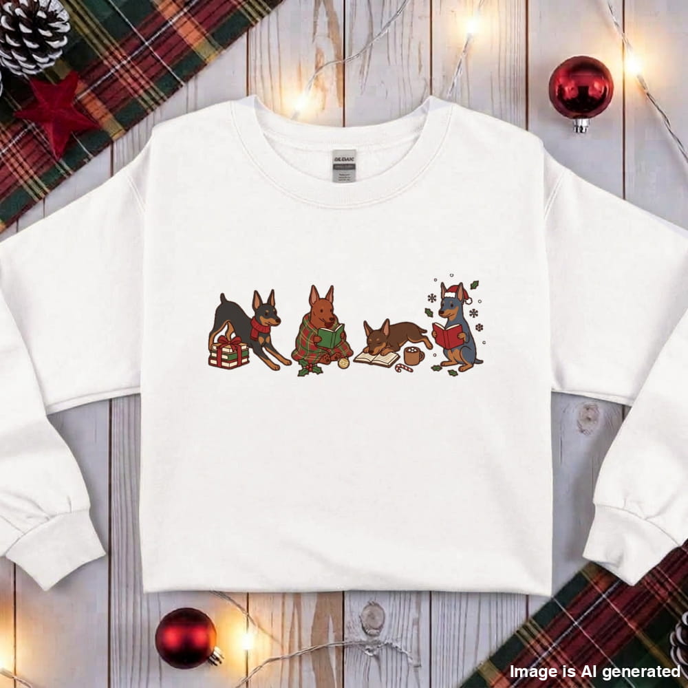 White Mini Pinscher Christmas Reading Sweatshirt, flat lay with holiday ornaments, string lights and plaid fabric