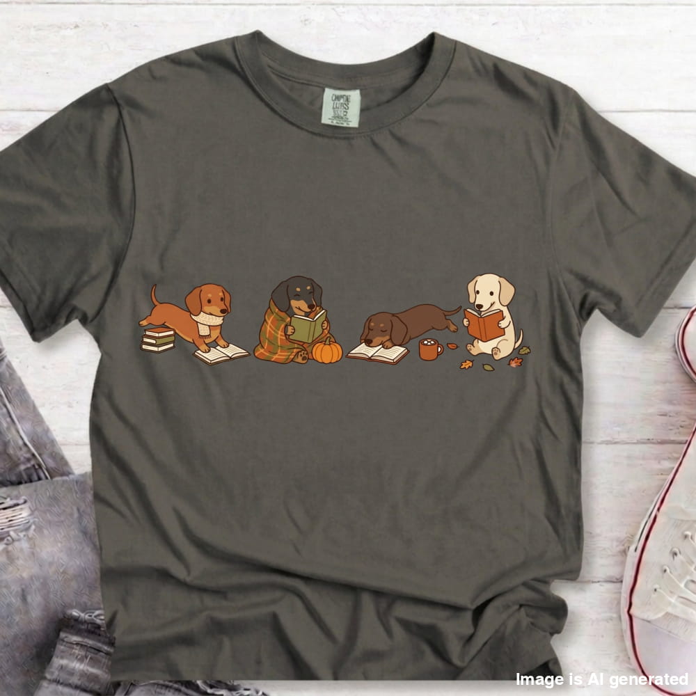 A dark gray crewneck t-shirt featuring a graphic of four dachshunds sitting down and reading books, styled in a flat-lay on a white wood background with jeans and a sneaker partially visible.