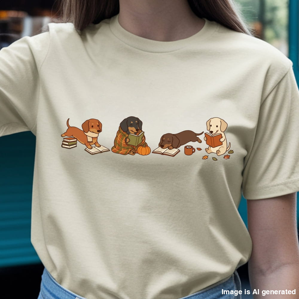 A person wearing a light beige crewneck t-shirt with a graphic print of four cute dachshund dogs reading books in an autumn setting.