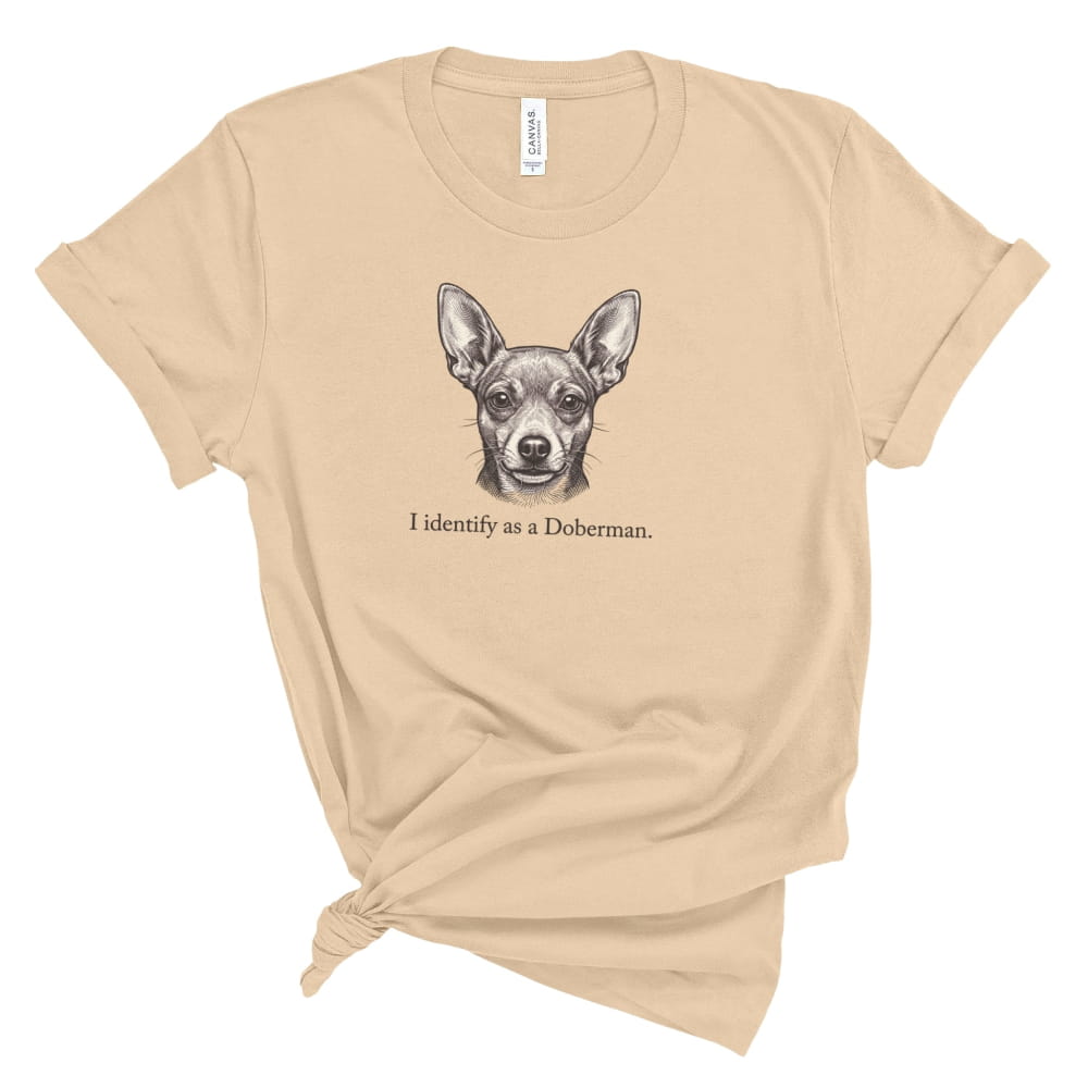 Beige t-shirt with a Doberman graphic and text on a white background
