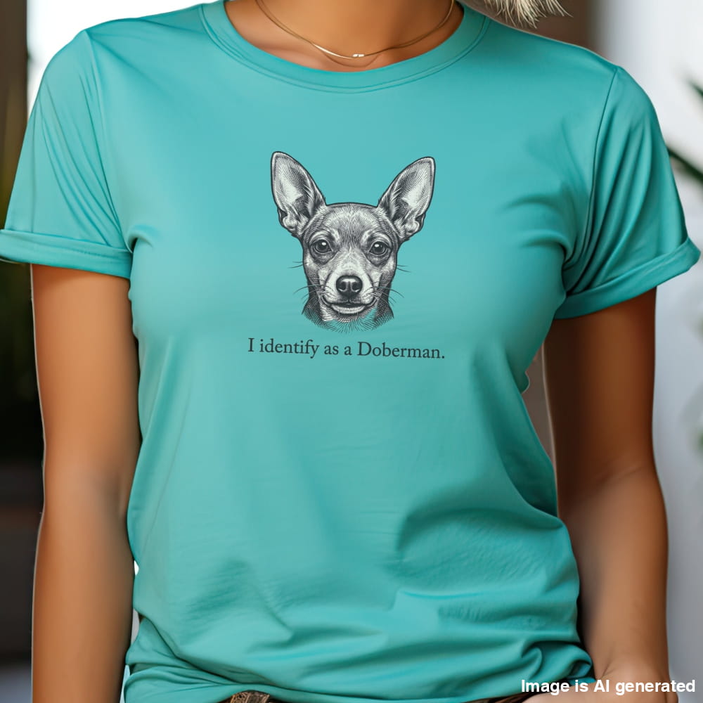 Person wearing a teal t-shirt with a dog illustration and text.
