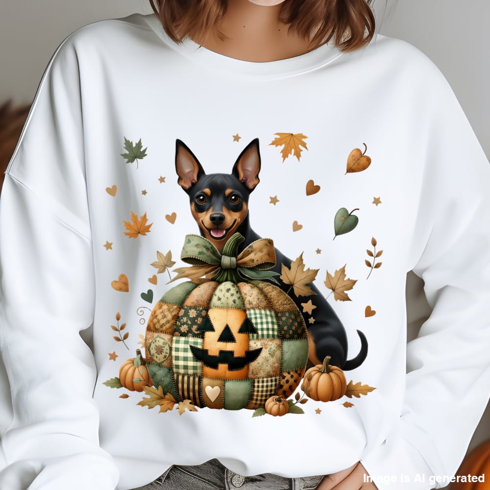 White sweatshirt with a dog and pumpkin design, featuring autumn leaves and pumpkins.