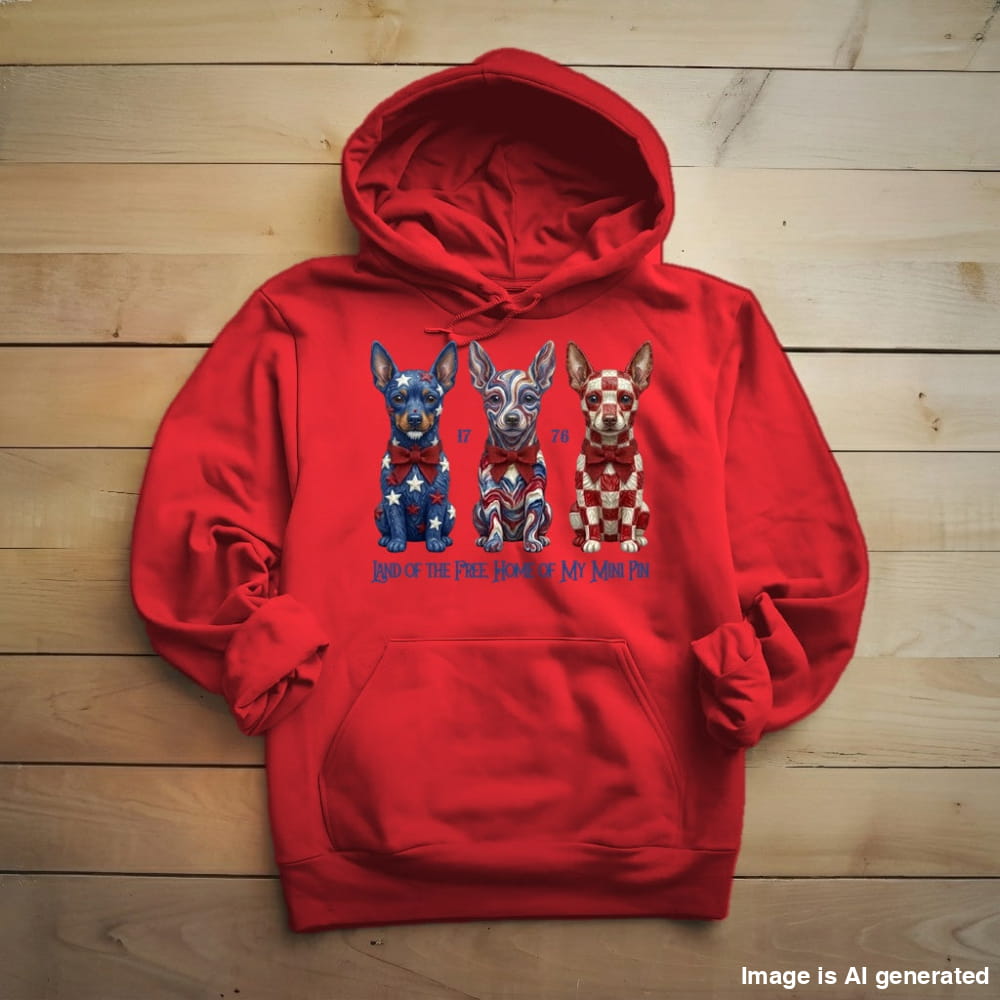 Mini Pinscher Land of the Free hoodie in Red, front view with three patriotic Mini Pinschers