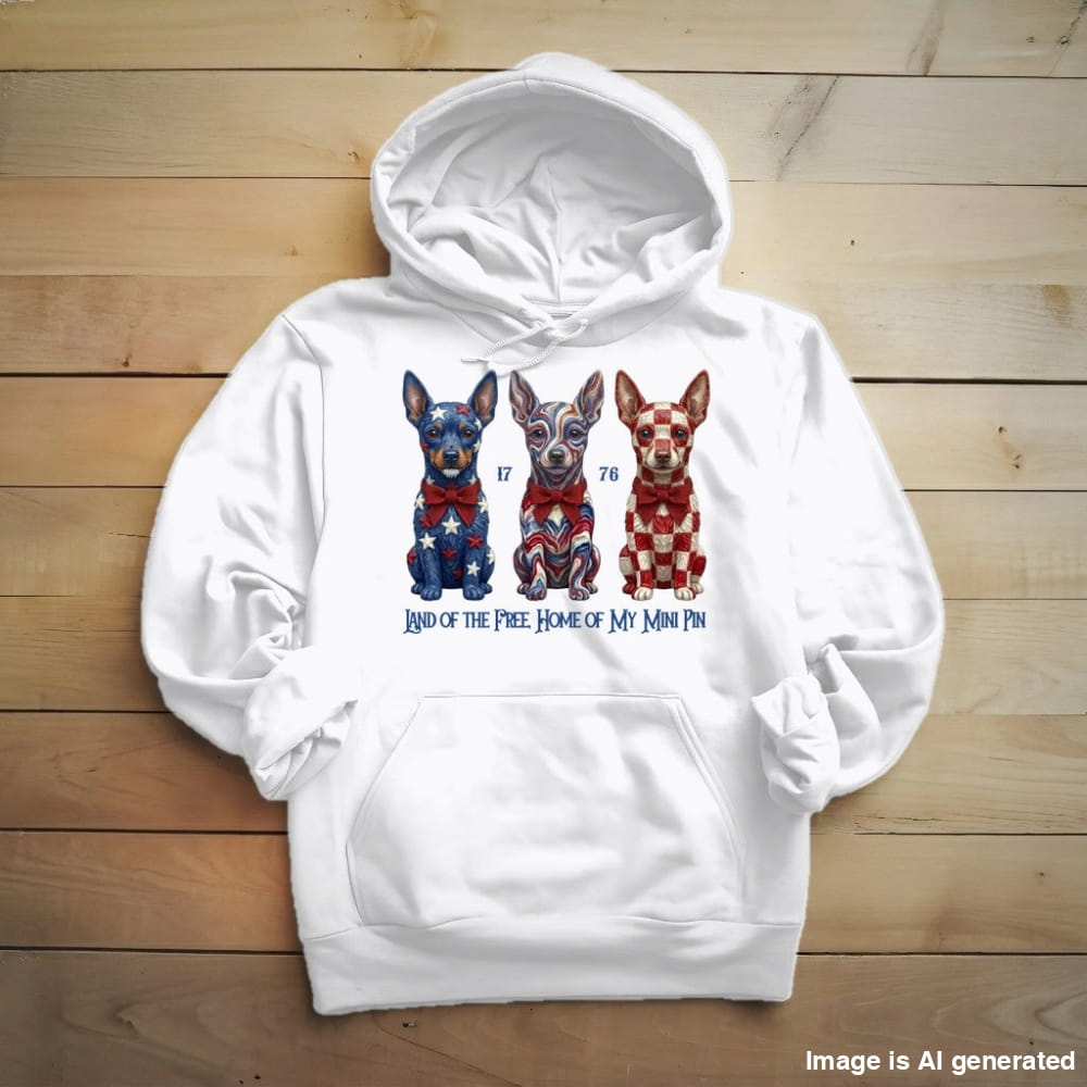 Mini Pinscher Land of the Free hoodie in White, front view with three patriotic Mini Pinschers