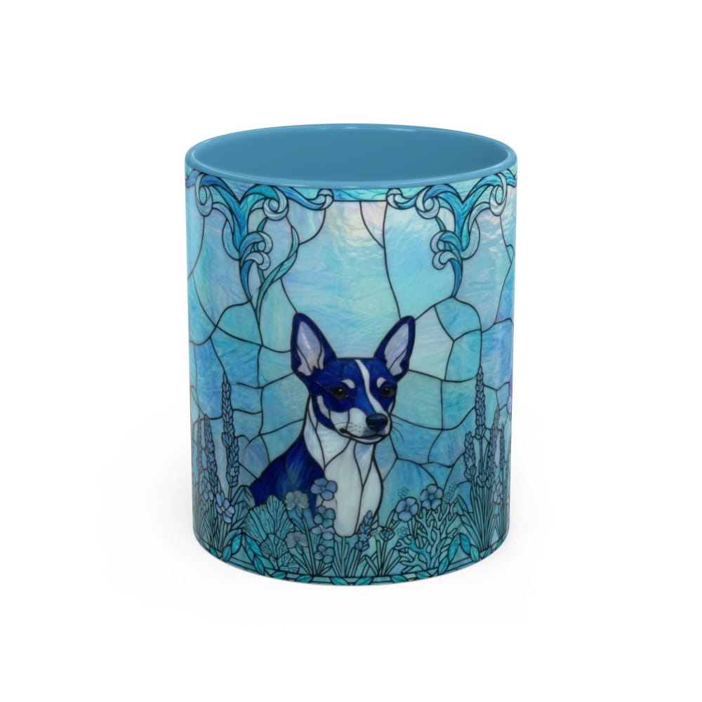 A ceramic mug featuring a stained-glass style illustration of a Boston Terrier dog in shades of blue, teal, and white, with a solid blue interior and rim.