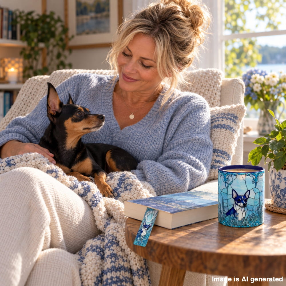 A woman in a cozy living room setting with her dog, wrapped in a blue and white knit blanket, next to a wooden table holding a matching blue ceramic mug and book.