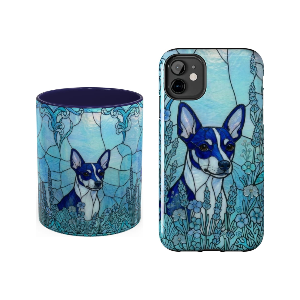 Mini Pinscher Ocean Blue stained glass style mug and phone case set on a white background.