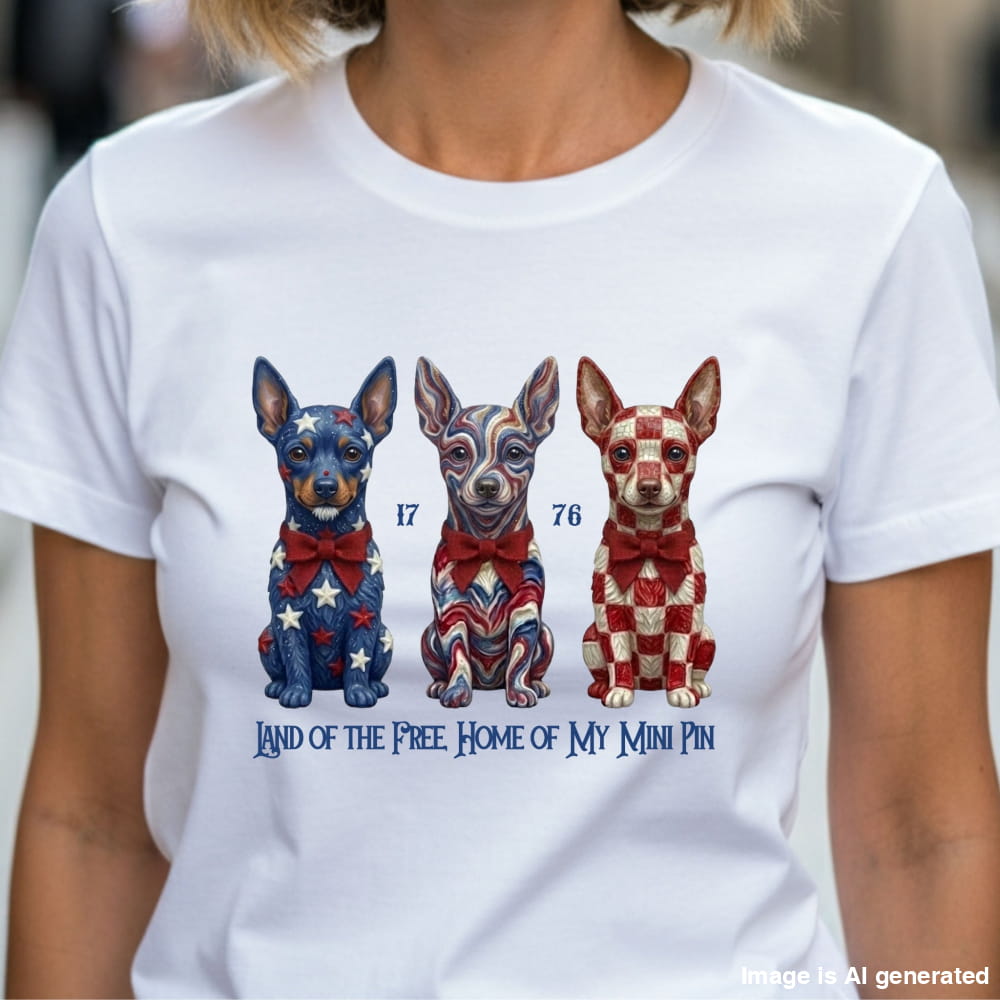 White t-shirt with three illustrated dogs in patriotic colors and text on a blurred background