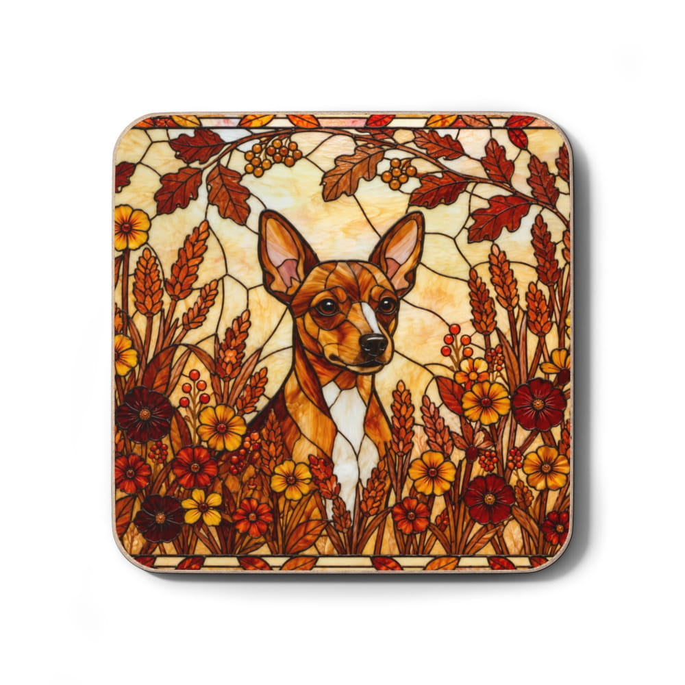A square coaster with rounded corners featuring a stained-glass style illustration of a brown and white dog surrounded by autumn flowers and leaves in warm orange, red, yellow, and beige tones, shown on a white background with a soft drop shadow.