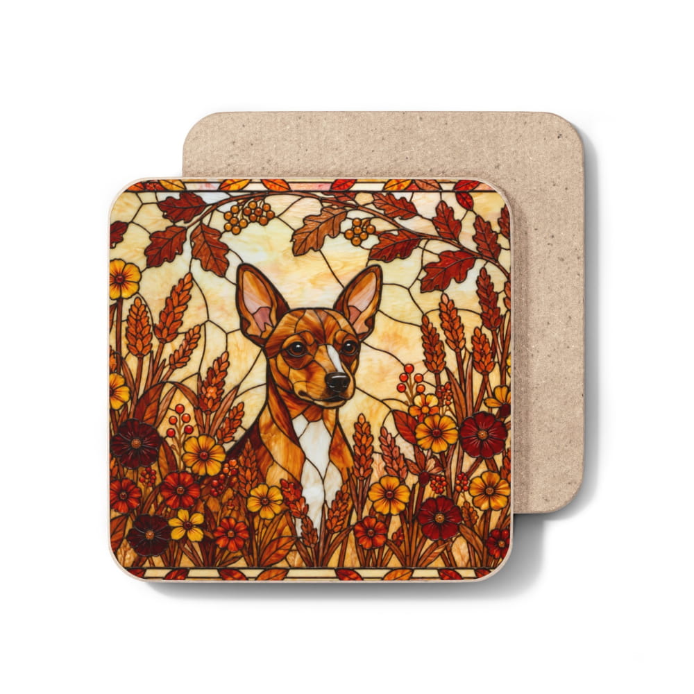 Two square cork coasters stacked, with the top coaster showing a stained-glass-style illustration of a brown and white dog surrounded by autumn flowers and leaves in orange, red, yellow, and beige tones.