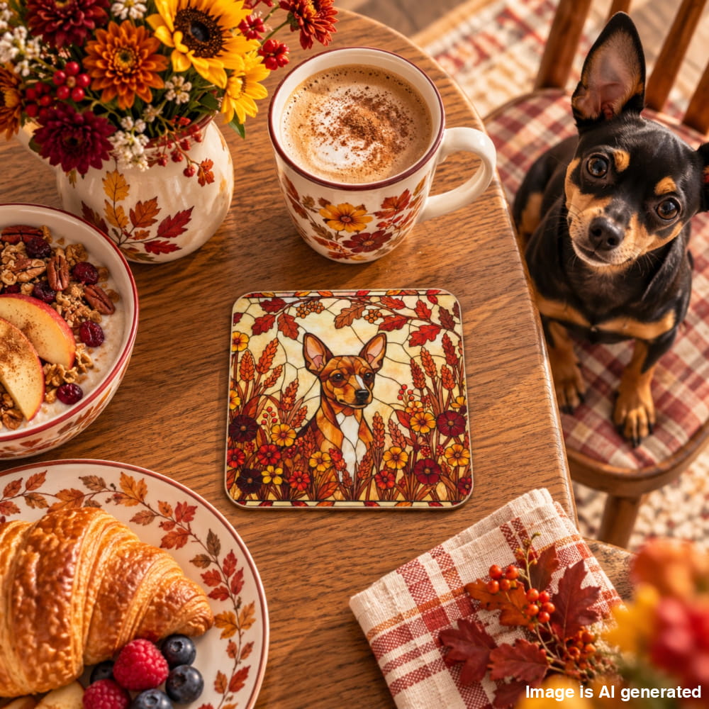 A small black-and-tan dog sits on a plaid chair beside a wooden table styled with autumn-themed tableware, including a floral mug, plate, bowl, and a square coaster featuring a dog illustration surrounded by fall leaves and flowers.
