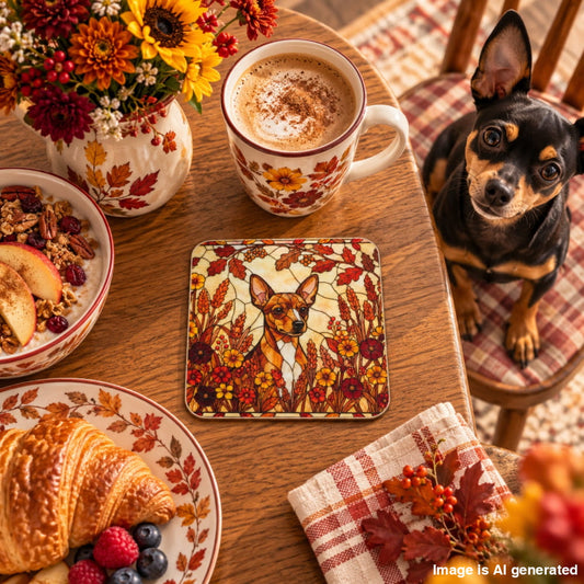A small black-and-tan dog sits on a plaid chair beside a wooden table styled with autumn-themed tableware, including a floral mug, plate, bowl, and a square coaster featuring a dog illustration surrounded by fall leaves and flowers.