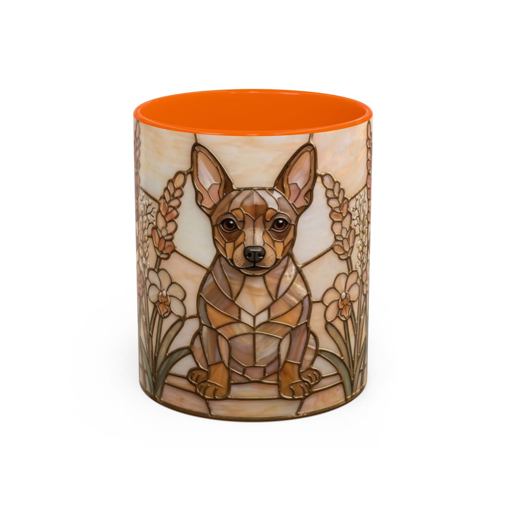 Mini Pinscher Stained Glass Style Autumn Warmth 11-ounce coffee mug with orange interior and autumn floral artwork.