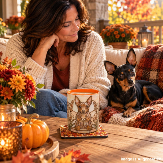 Lifestyle image of a woman and her Miniature Pinscher enjoying an autumn coffee break with a Mini Pinscher mug and coaster on a veranda table.
