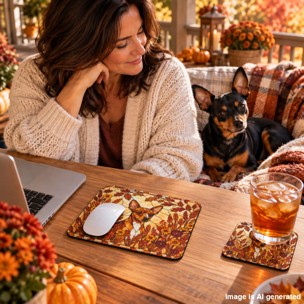 Lifestyle image of a Mini Pinscher Autumn Warmth mouse pad and coaster set on a veranda table with a woman and her dog.