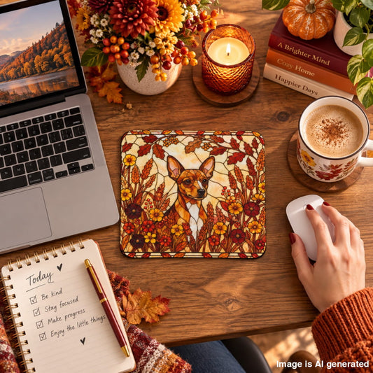 A top-down view of a cozy autumn desk scene featuring a rectangular mousepad with a deer and floral design. A hand with red nail polish is using a white computer mouse on the desk, surrounded by a laptop, notebook, candle, mug of coffee, and fall decorations.