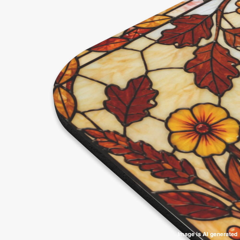 A close-up of a stained-glass-style decorative panel with cream background, red and brown leaves, and a yellow flower, shown against a light gray studio background.