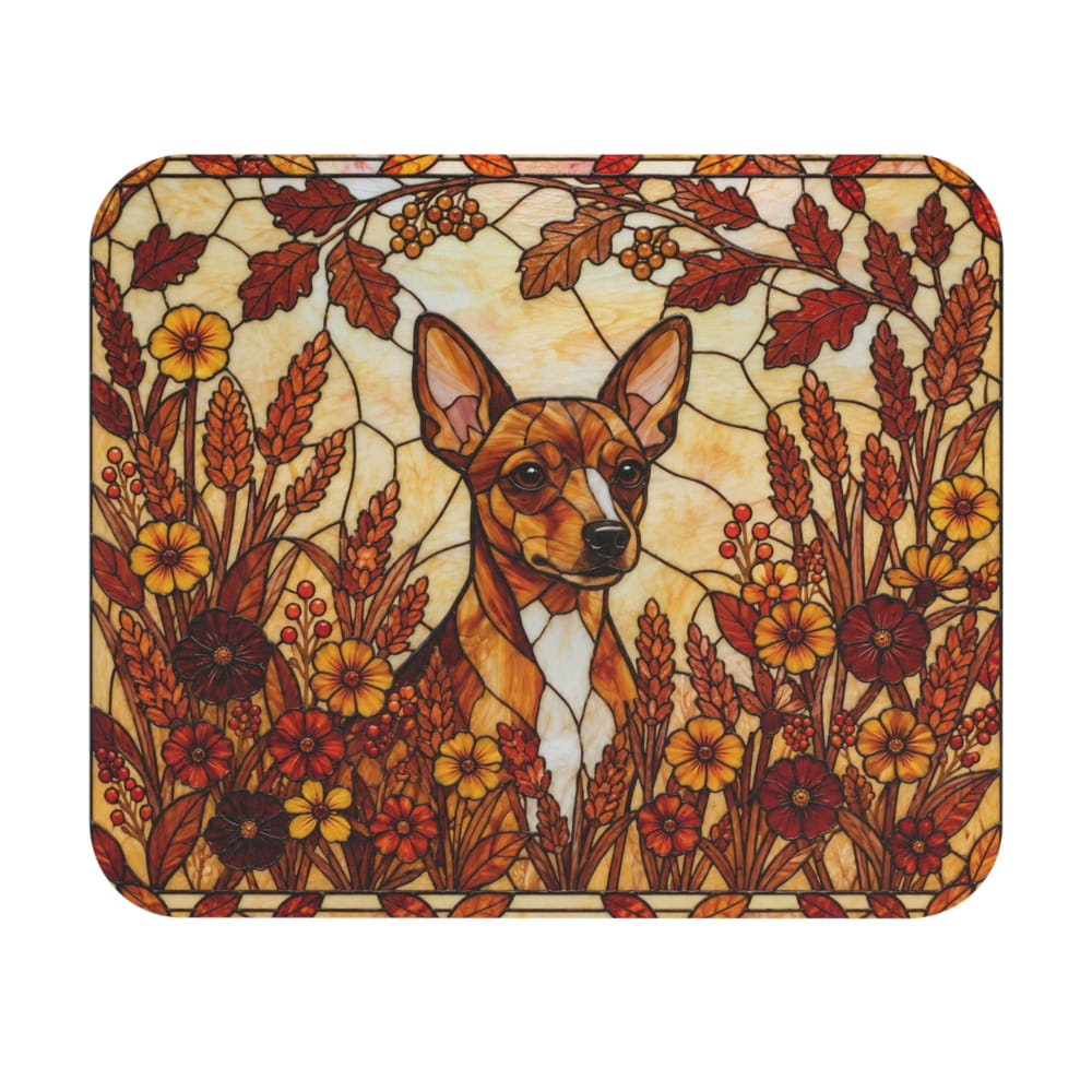 A square decorative item with rounded corners featuring a stained-glass-style illustration of a brown and white dog surrounded by autumn flowers, leaves, and wheat in warm red, orange, yellow, and beige tones.