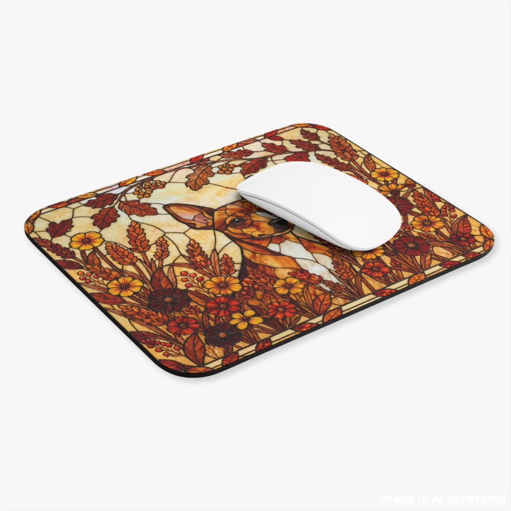A rectangular mouse pad with rounded corners featuring a stained-glass style illustration of a dog surrounded by autumn leaves and flowers, shown on a light gray background with a white computer mouse resting on top.