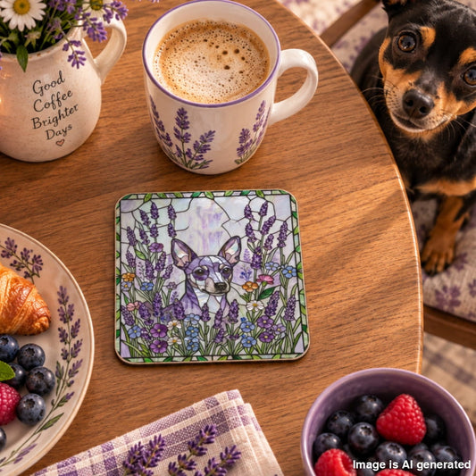 A square ceramic coaster featuring a lavender and dog illustration, styled on a wooden table next to a coffee mug, a dog, and a breakfast plate.