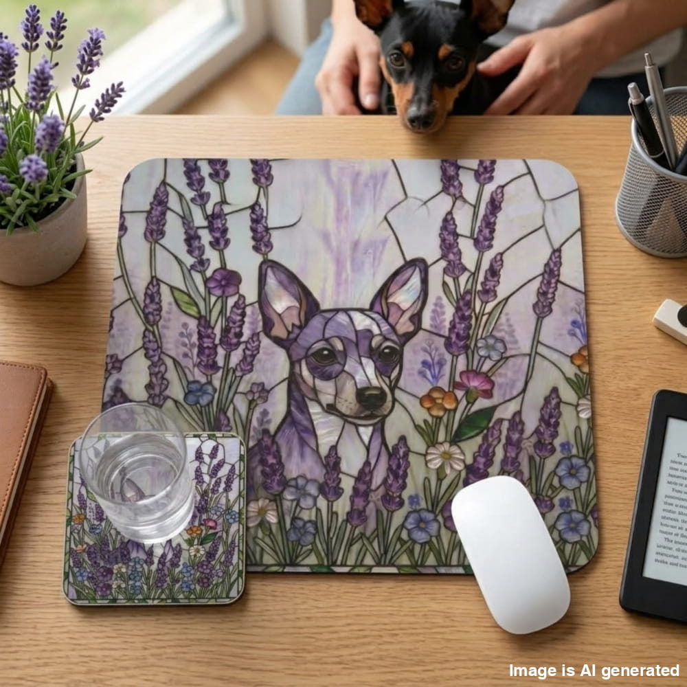 A rectangular desk mat and matching coaster set with a stained-glass-style illustration of a small dog surrounded by purple flowers, shown on a wooden desk with a mouse, glass, book, and a person holding a dog in the background.