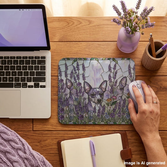A rectangular desk mat with a watercolor-style illustration of a dog surrounded by purple lavender flowers, shown on a wooden desk with a hand using a white computer mouse. A laptop, notebook, pen, and small vase of flowers are also visible in the scene.