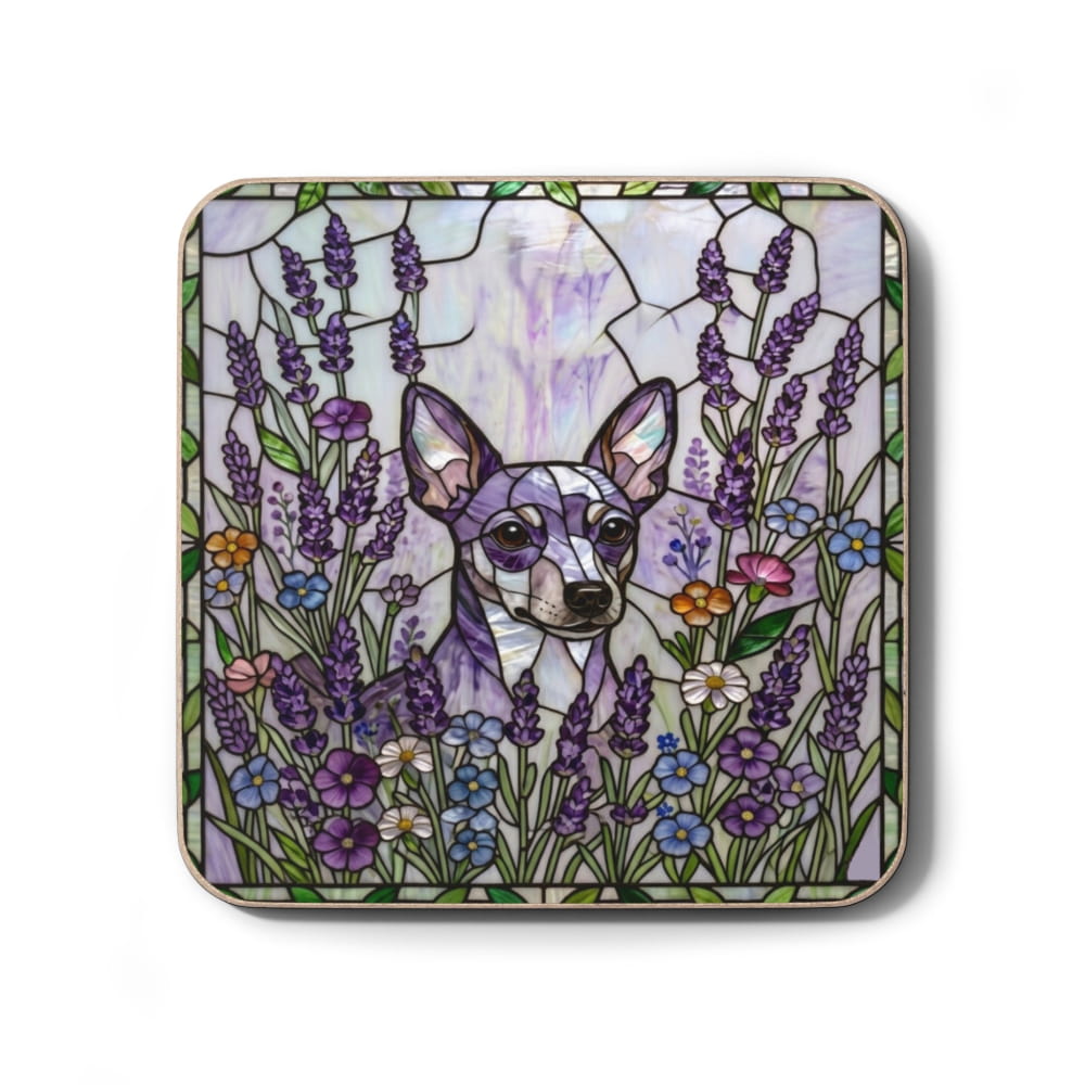 A square decorative coaster or tile featuring a stained-glass-style illustration of a small dog surrounded by lavender, blue flowers, and green leaves on a white background.