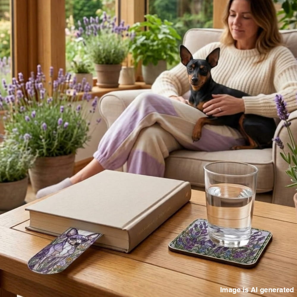 Mini Pinscher Lavender Garden Reading Set with a bookmark on a closed book and a matching coaster with a glass
