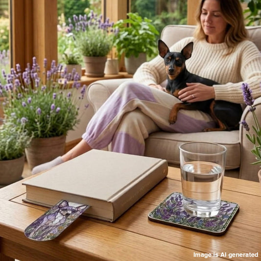 Mini Pinscher Lavender Garden Reading Set with a bookmark on a closed book and a matching coaster with a glass
