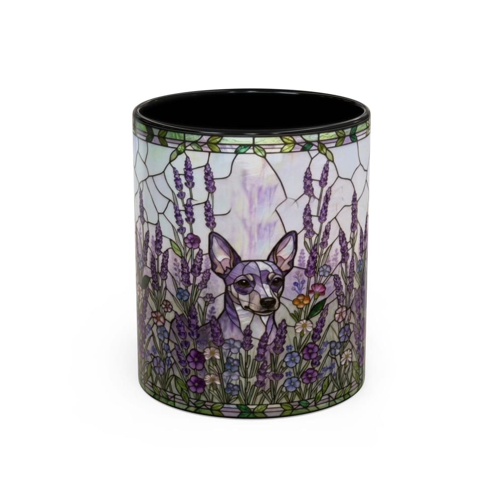 A ceramic mug featuring a stained-glass style illustration of a small dog surrounded by purple lavender and wildflowers, with a black interior and rim.