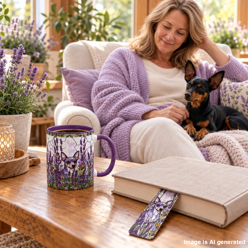 Mini Pinscher Lavender Garden Reading Set with an 11oz coffee mug and matching bookmark on a cozy table

