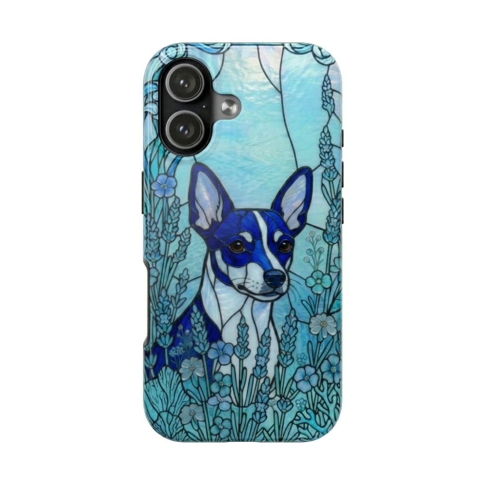 A phone case featuring a stained-glass style illustration of a blue and white dog surrounded by light blue flowers and foliage, shown on a plain white background.