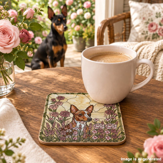 A square ceramic coaster with a stained-glass style illustration of a small dog surrounded by pink flowers, shown on a wooden table next to a white coffee mug. A black and tan dog sits in the background near a window with pink roses and a cozy indoor setting.