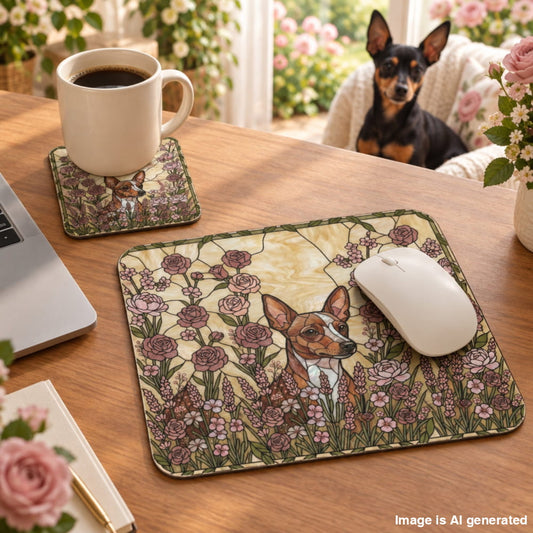 A rectangular desk mat with a vintage-style floral illustration of a small dog sits on a wooden desk next to a white computer mouse. A matching square coaster with a coffee mug is visible in the background, along with a laptop edge, flowers, and a small dog sitting on a couch behind the desk.