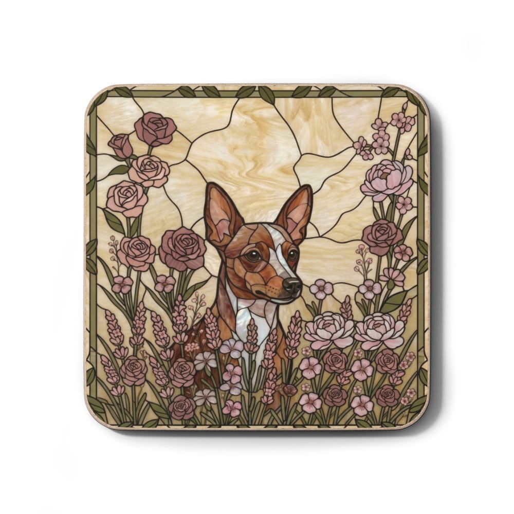 A square coaster featuring a stained-glass style illustration of a Basenji dog surrounded by pink and mauve roses, green leaves, and a cream-colored background with a subtle crackled pattern.