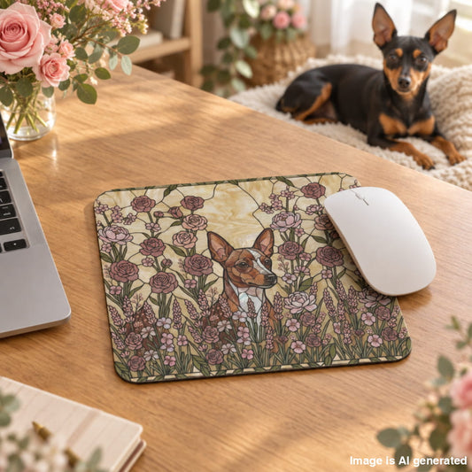 A rectangular desk mat with a vintage-style floral illustration of a brown dog sits on a wooden desk next to a white computer mouse. A small black and tan dog is lying on a cream blanket in the background, with a laptop, flowers, and home decor visible.