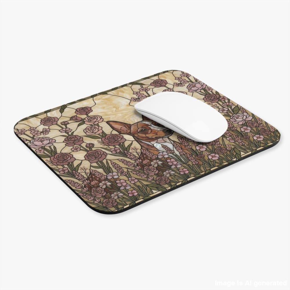 A rectangular computer mouse pad with rounded corners, featuring a vintage-style floral and deer illustration in muted pink, brown, and beige tones. A white wireless mouse is placed on top of the pad against a clean white background.