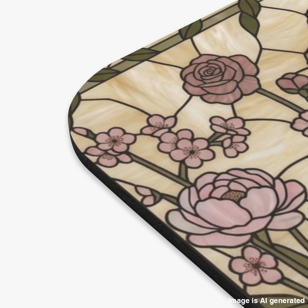 A close-up of a decorative mat or tray corner featuring a stained-glass-style floral pattern with pink roses and blossoms on a warm cream background, bordered by dark green and black outlines.