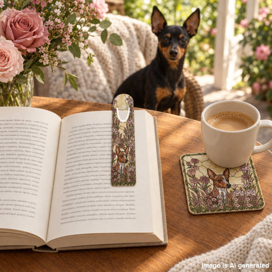 A decorative bookmark and matching coaster featuring a brown and white fox illustration, styled on a wooden table with an open book, a cup of coffee, and a small black and tan dog in the background.