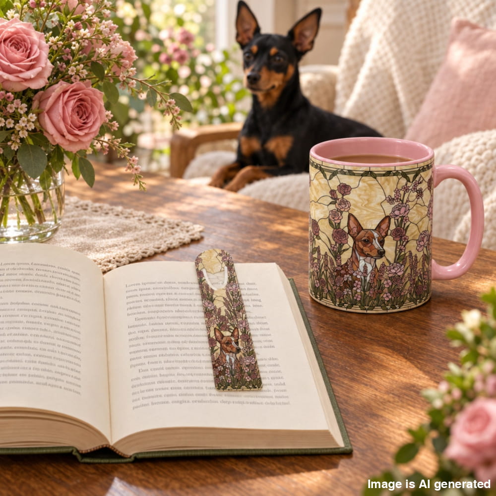 A pink ceramic mug with a detailed illustration of a Chihuahua surrounded by flowers sits on a wooden table next to an open book with a matching bookmark. In the background, a small black and tan dog sits in a cozy armchair with a knitted blanket.