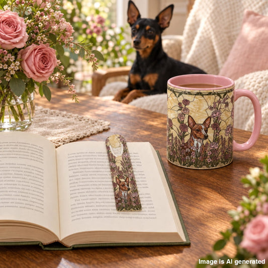 A pink ceramic mug with a detailed illustration of a Chihuahua surrounded by flowers sits on a wooden table next to an open book with a matching bookmark. In the background, a small black and tan dog sits in a cozy armchair with a knitted blanket.