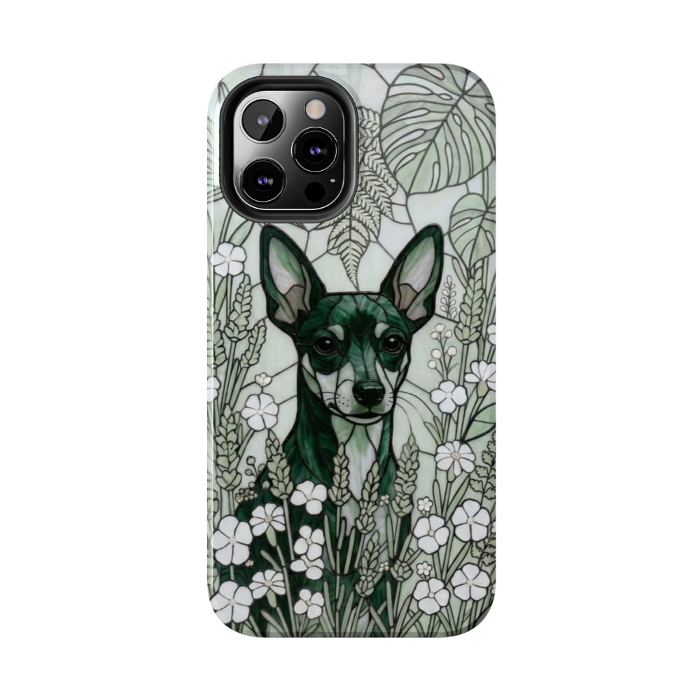 Mini Pinscher Stained Glass Style Tough Case, Botanical Green Theme - iPhone 12 Pro Max - Phone Case