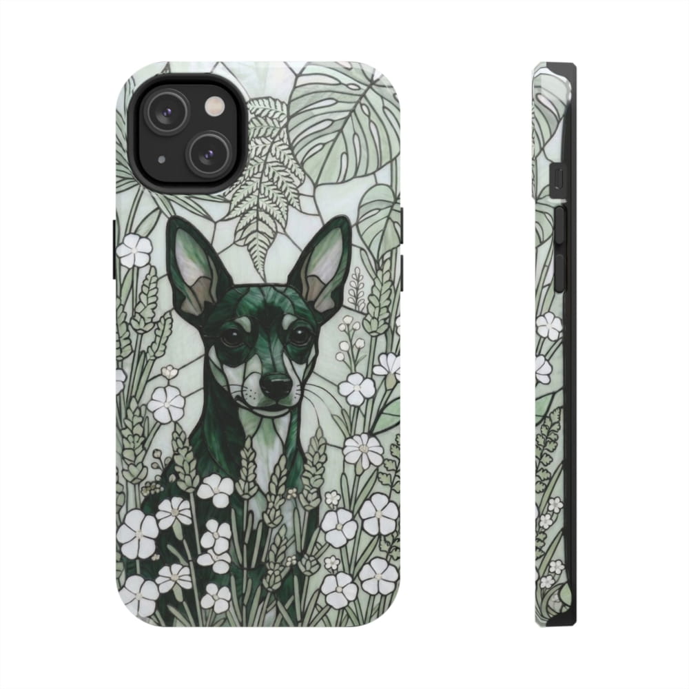 Mini Pinscher Stained Glass Style Tough Case, Botanical Green Theme - iPhone 14 Plus - Phone Case