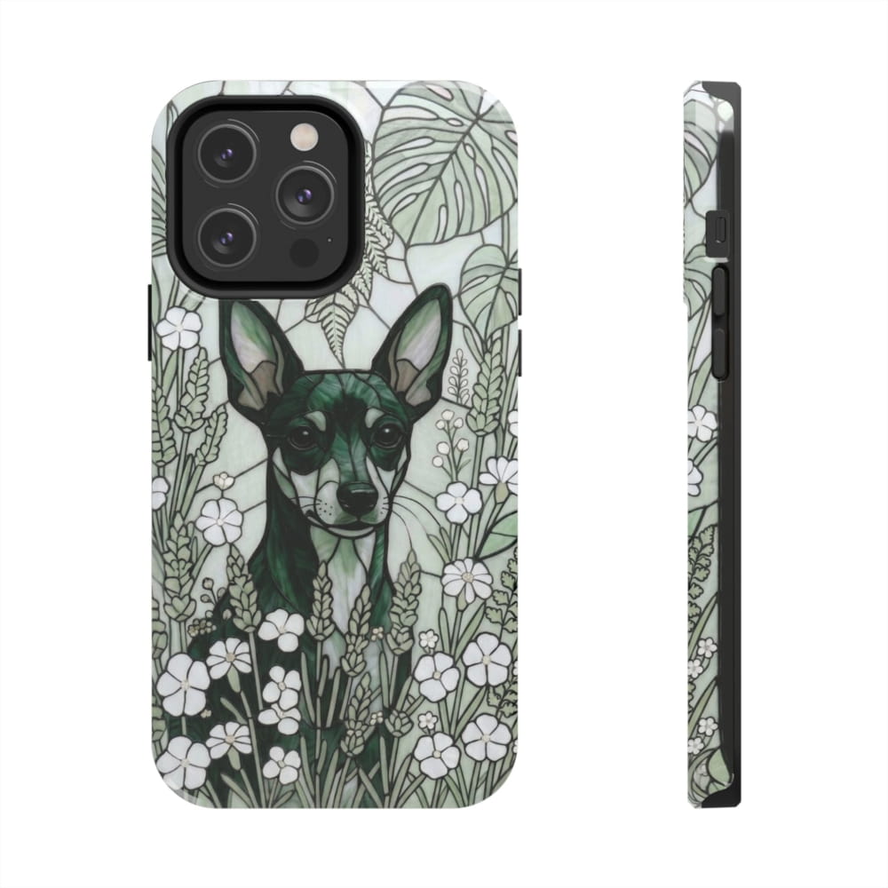 Mini Pinscher Stained Glass Style Tough Case, Botanical Green Theme - iPhone 14 Pro Max - Phone Case