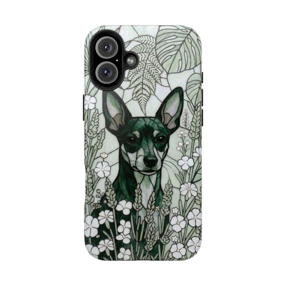 Mini Pinscher Stained Glass Style Tough Case, Botanical Green Theme - iPhone 16 Plus - Phone Case