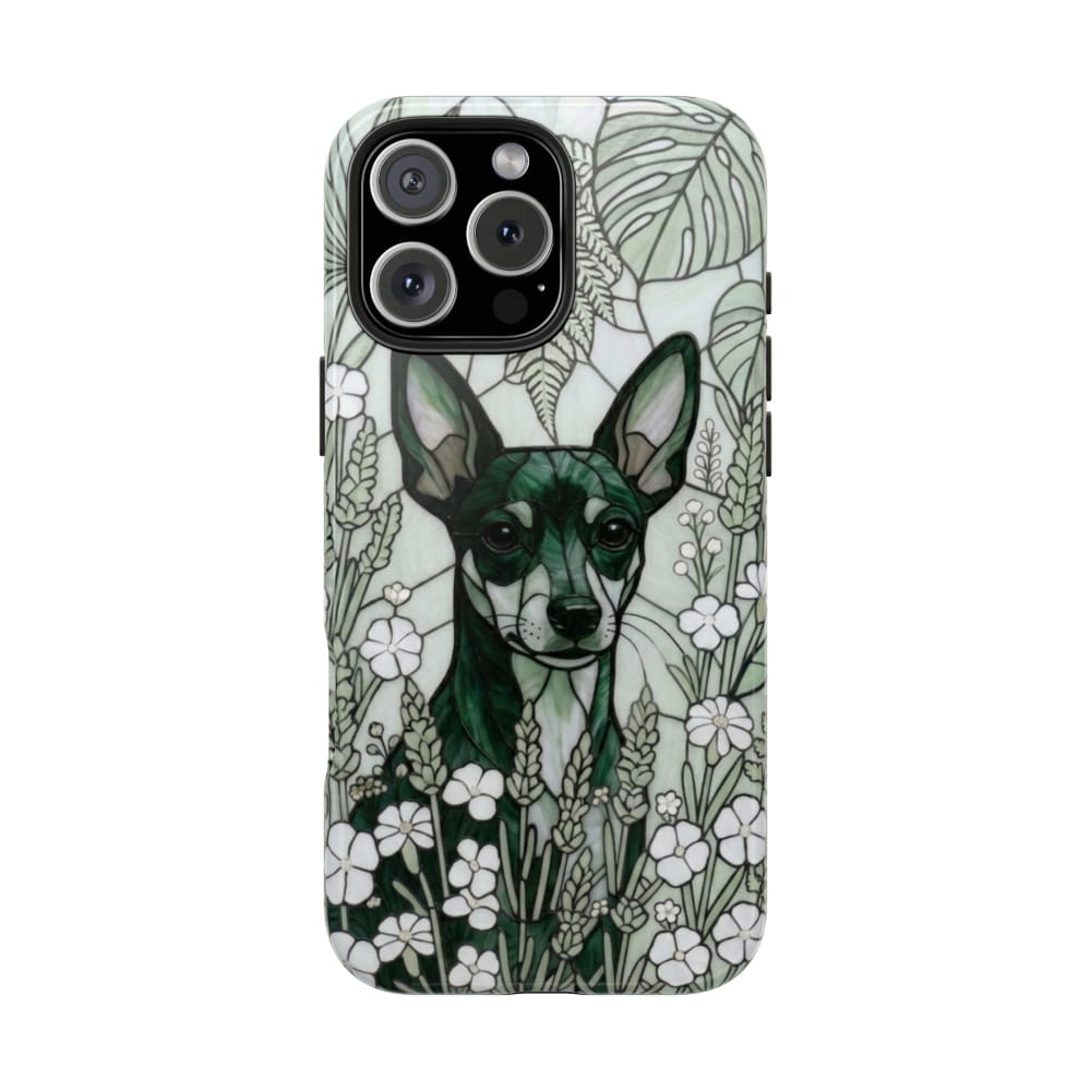 Mini Pinscher Stained Glass Style Tough Case, Botanical Green Theme - iPhone 16 Pro Max - Phone Case